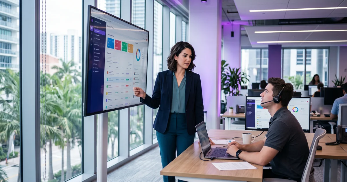 A support team lead reviewing a sorted ticket queue on a large monitor in a bright Miami office