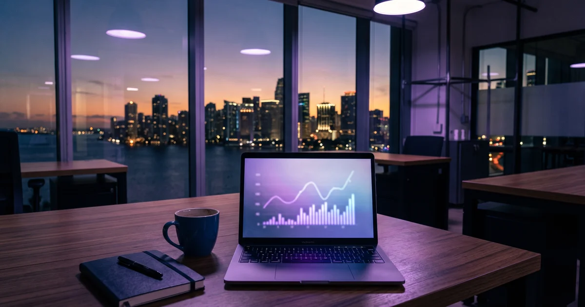 A quiet office at dusk with a laptop showing campaign charts beside a coffee cup