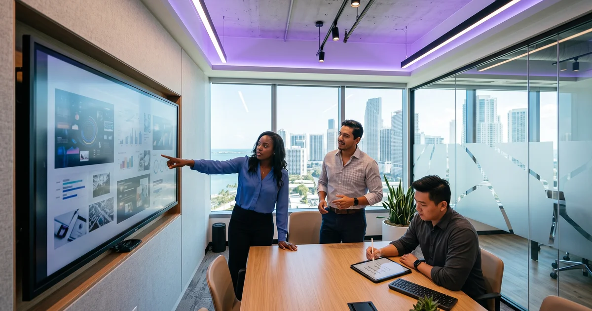 A small marketing team reviewing campaign drafts together on a wall display in a conference room