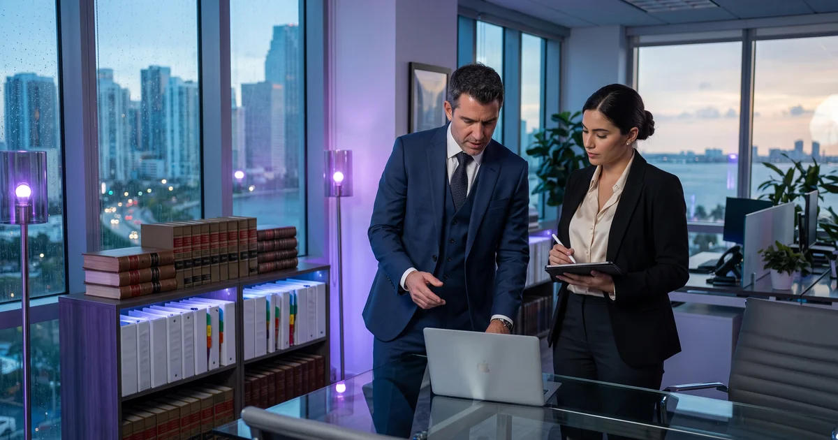 An attorney and a colleague reviewing a draft on a laptop in a glass-walled Miami law office