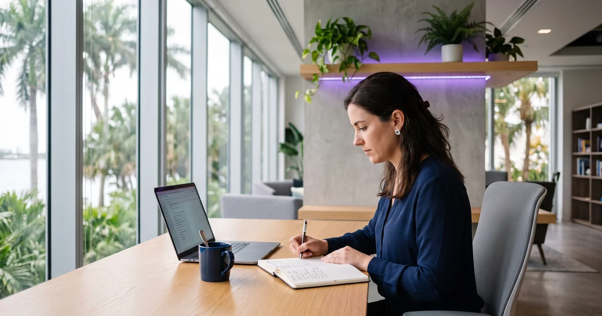 An account executive reviewing a short list of target accounts on a laptop in a bright Miami sales office