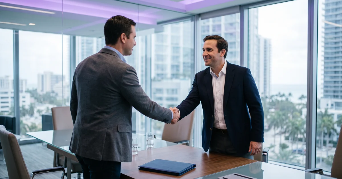 An account executive greeting a prospect at the start of an in-person meeting