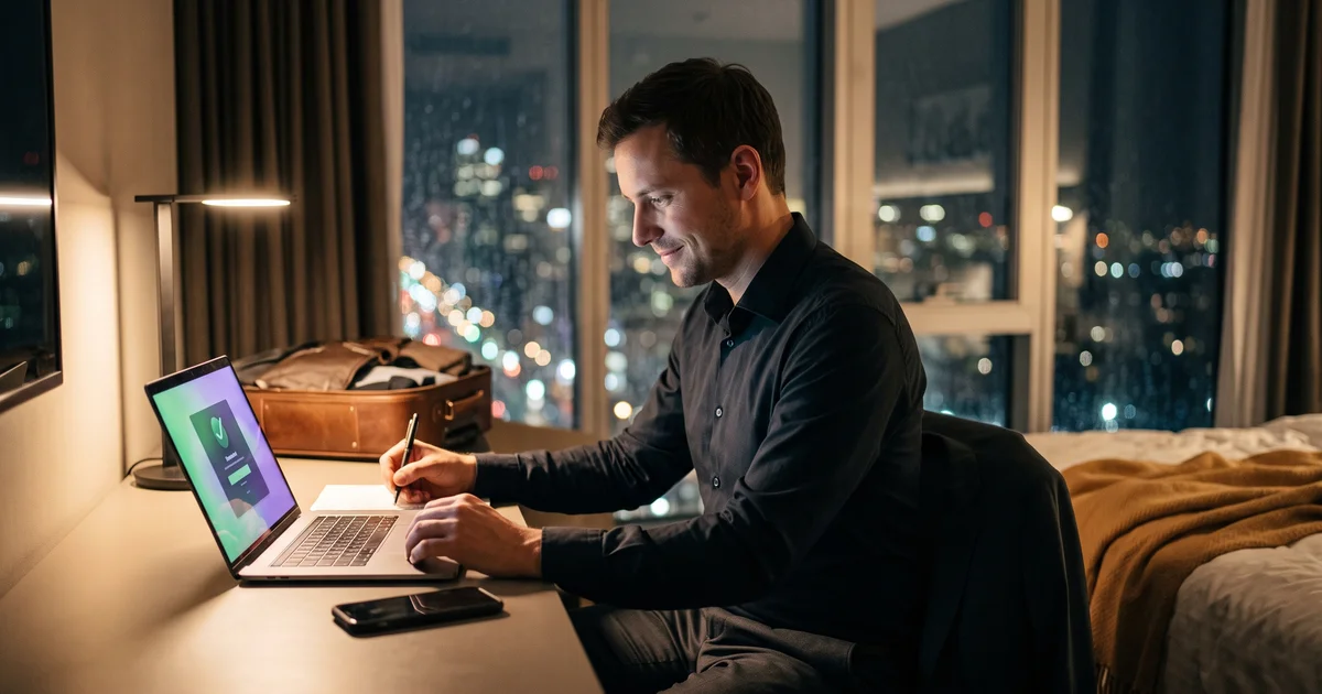A traveling employee signing in on a laptop in a hotel room at night