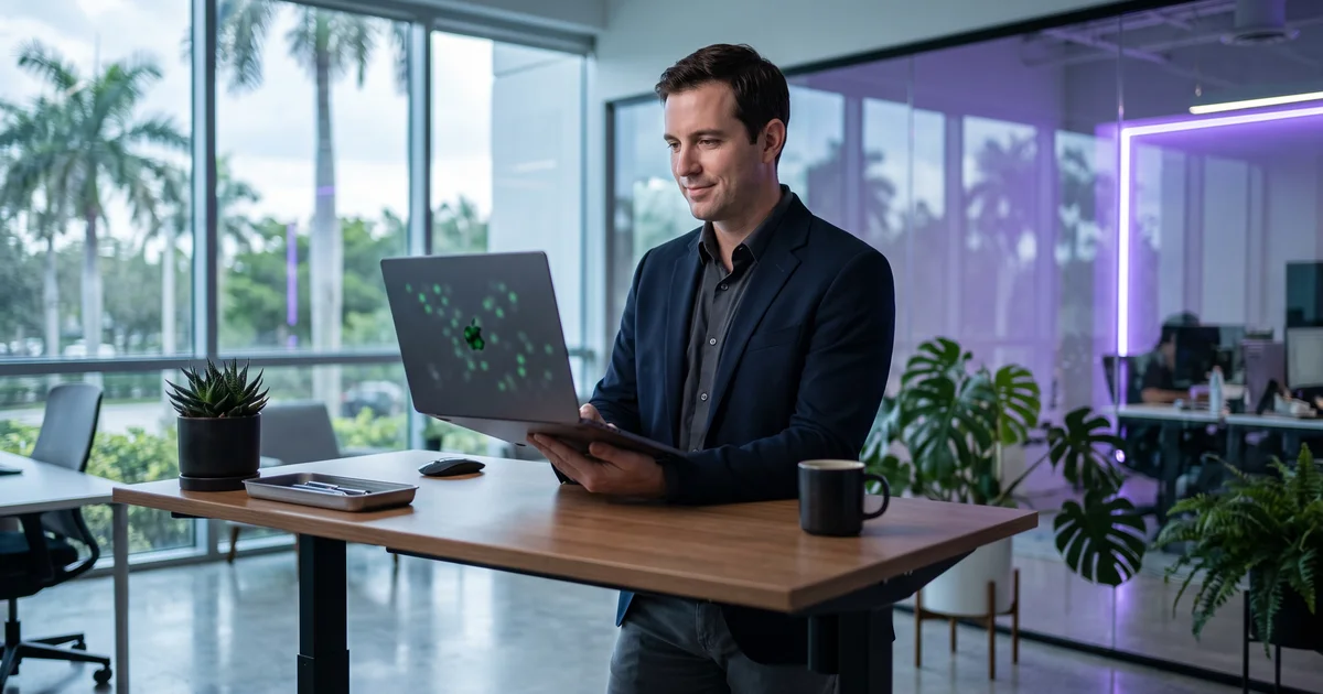 An IT manager reviewing a resolved ticket queue on a laptop in a modern Miami office