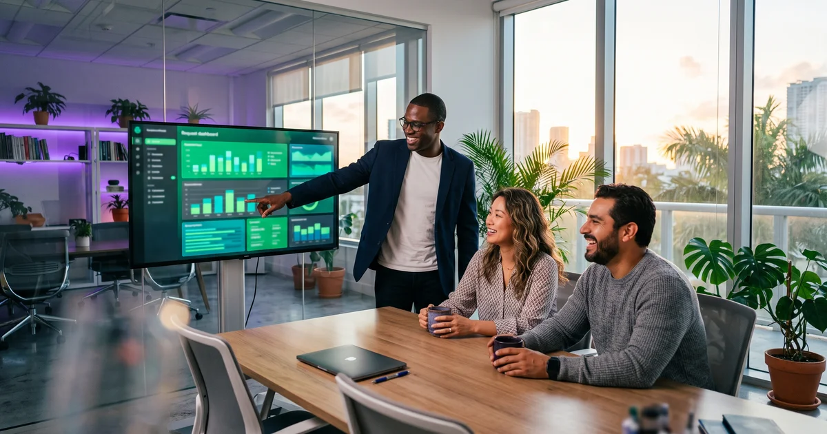 An IT team starting the day with coffee beside a screen showing a mostly resolved request queue