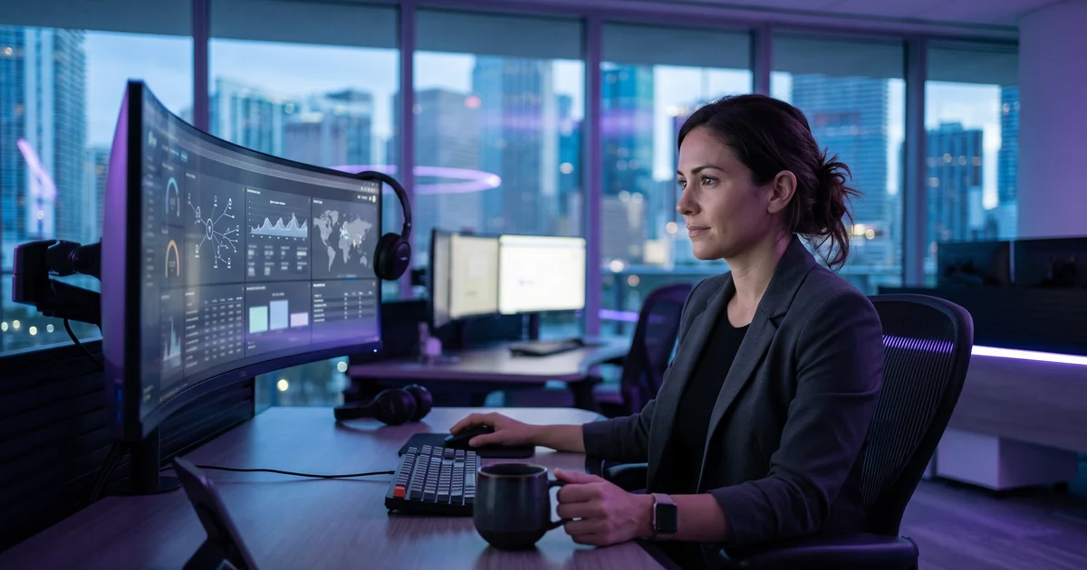 A security analyst reviewing a prepared case on a wide monitor in a dimly lit Miami operations room
