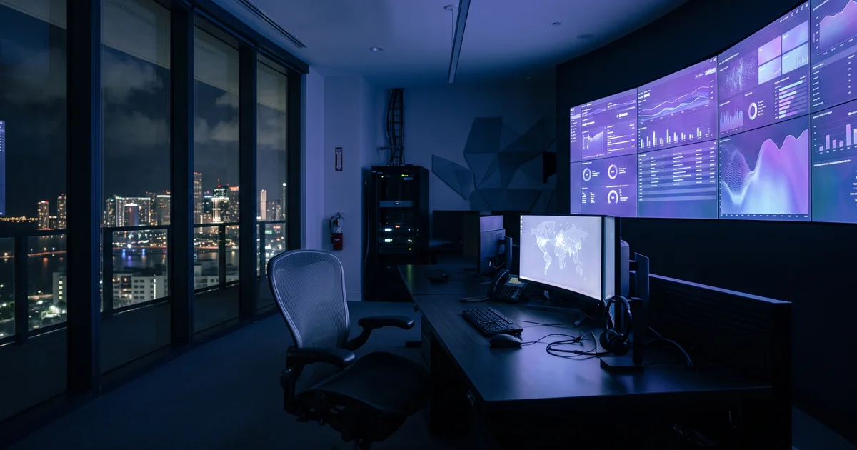 An empty operations room at night with security dashboards glowing purple on the wall