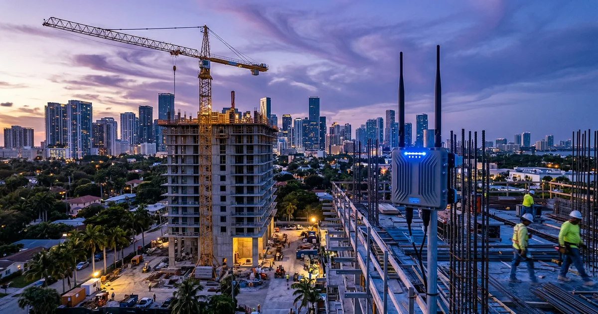 Construction job site in South Florida with ruggedized networking equipment, tablets, and wireless connectivity infrastructure