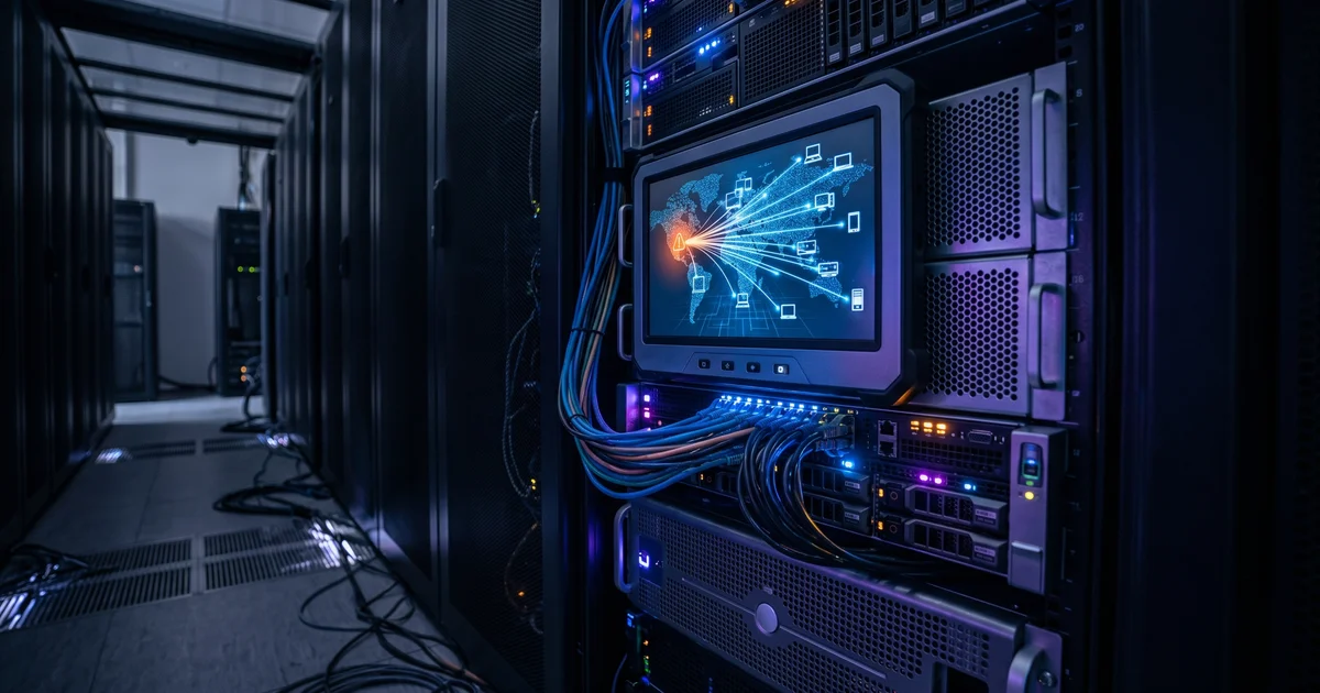 Dark server room aisle with a glowing endpoint security console floating above the rack, threat-isolation graph lines radiating to laptop, desktop, and server icons