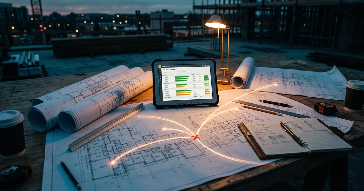 Four construction ERP platform paths converging on a job site plan table under warm work lighting, ledger columns and cost codes projected across blueprints
