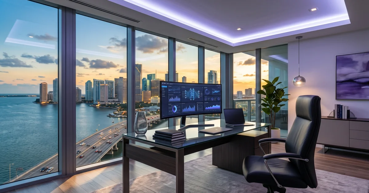Modern South Florida office with executive reviewing AI dashboards on a large display showing predictive analytics and automation workflows