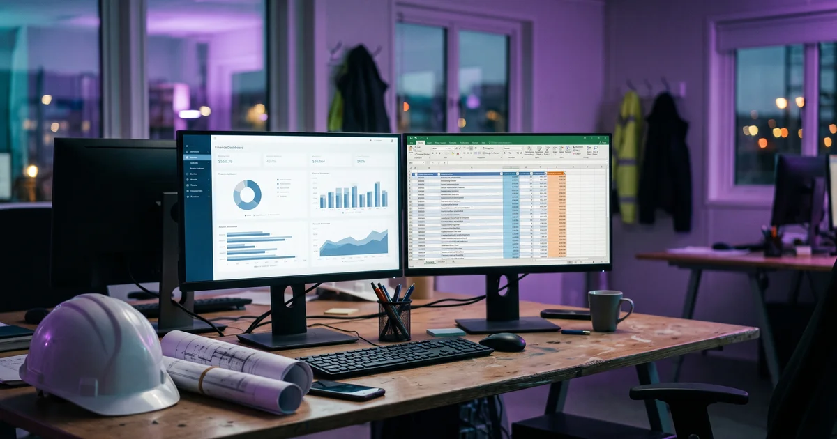 A contractor's site office desk with two monitors side by side, one showing a general business finance dashboard and the other a detailed cost-code spreadsheet, hard hat and rolled drawings beside them