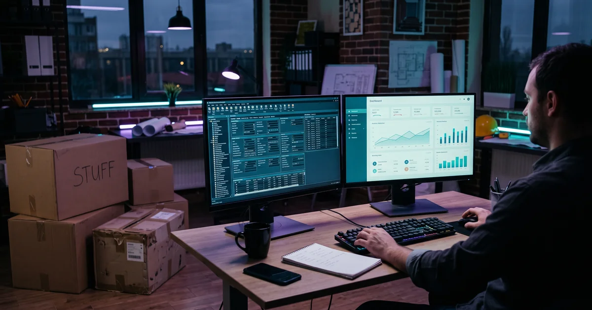 A contractor's office at dusk with a heavy legacy ERP interface on one screen and a lighter modern finance dashboard on another, moving boxes stacked beside the desk
