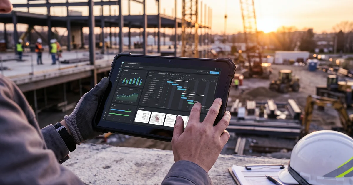 Construction project manager reviewing Procore dashboard on a rugged tablet at a job site with steel framework and cranes in the background