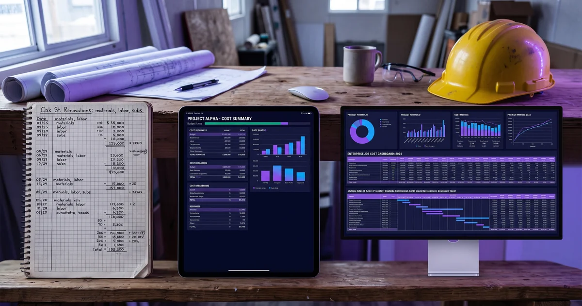 Three generations of construction job costing side by side on a contractor's workbench — a handwritten paper ledger, a single-project cost summary on a tablet, and a multi-site enterprise job cost dashboard