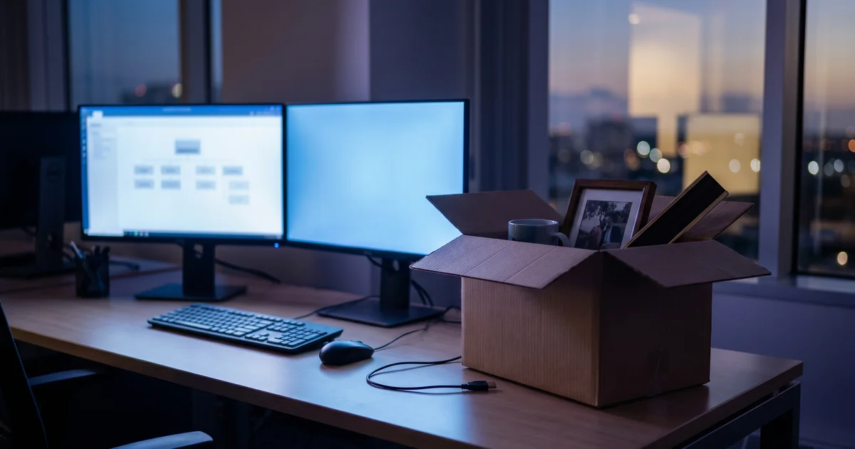 Empty office desk with a half-packed cardboard box and a glowing screen, representing institutional knowledge walking out the door when an employee resigns