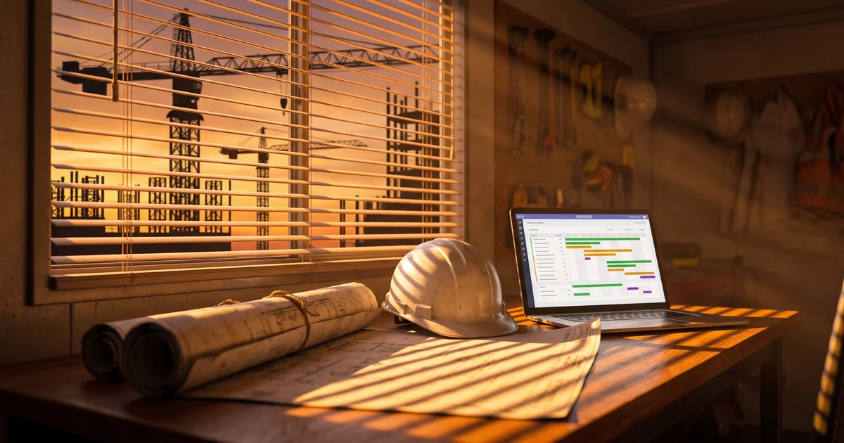 A construction job trailer desk at dusk with a laptop showing a cloud construction ERP cost-code ledger, hard hat and rolled drawings beside it, crane silhouettes through the window