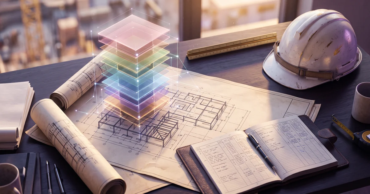 Construction blueprints and an open cost ledger on a site office desk, with translucent layers showing the hidden cost components of a construction ERP