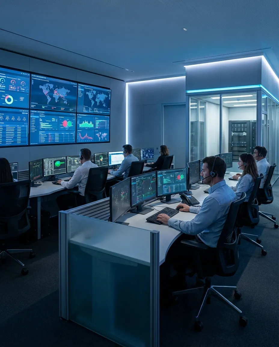 24/7 security operations center with analysts monitoring threat detection systems, multiple screens displaying real-time cybersecurity dashboards