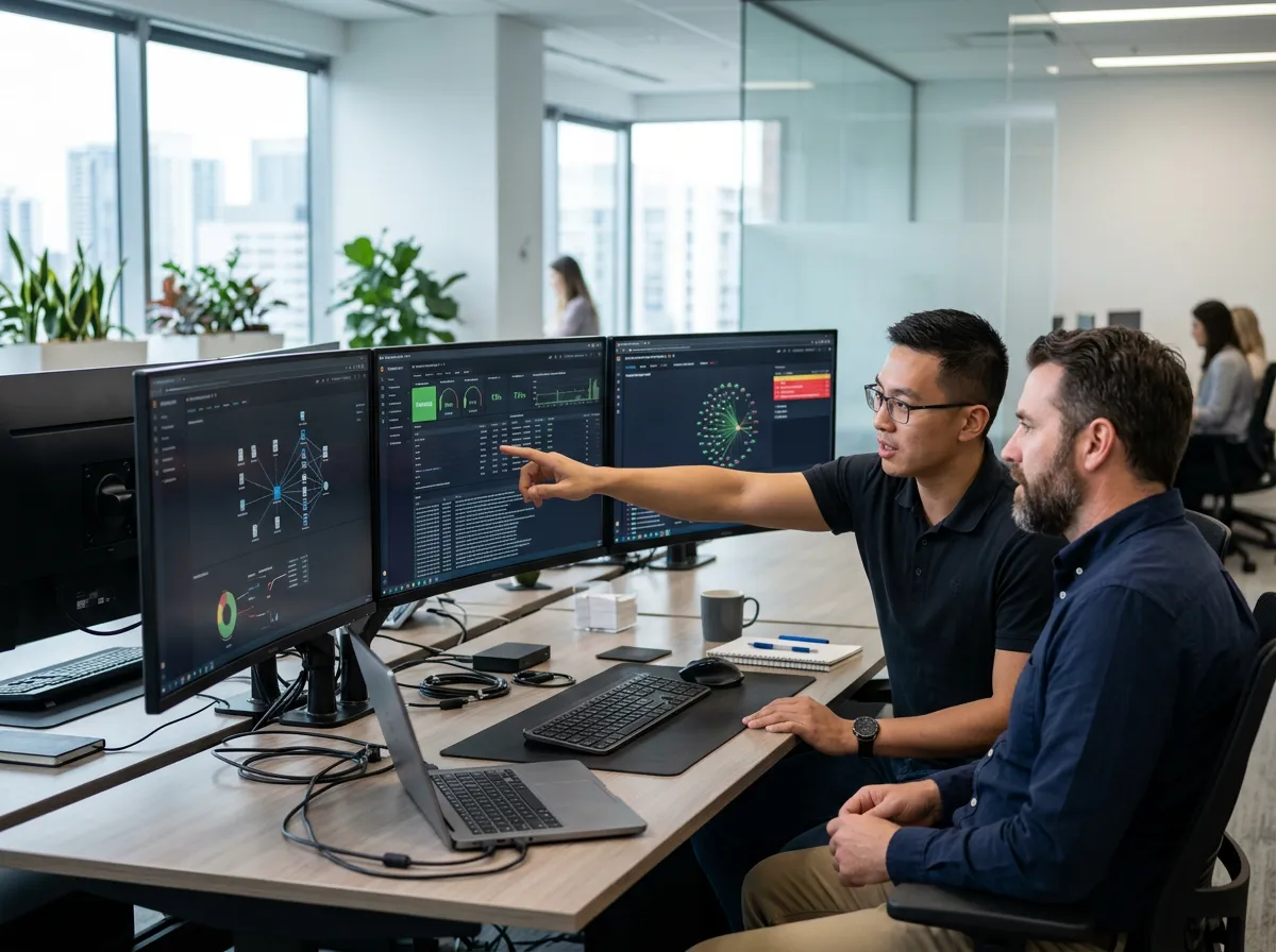 Professional IT team collaborating around a modern workstation with multiple monitors showing infrastructure dashboards and system health metrics.
