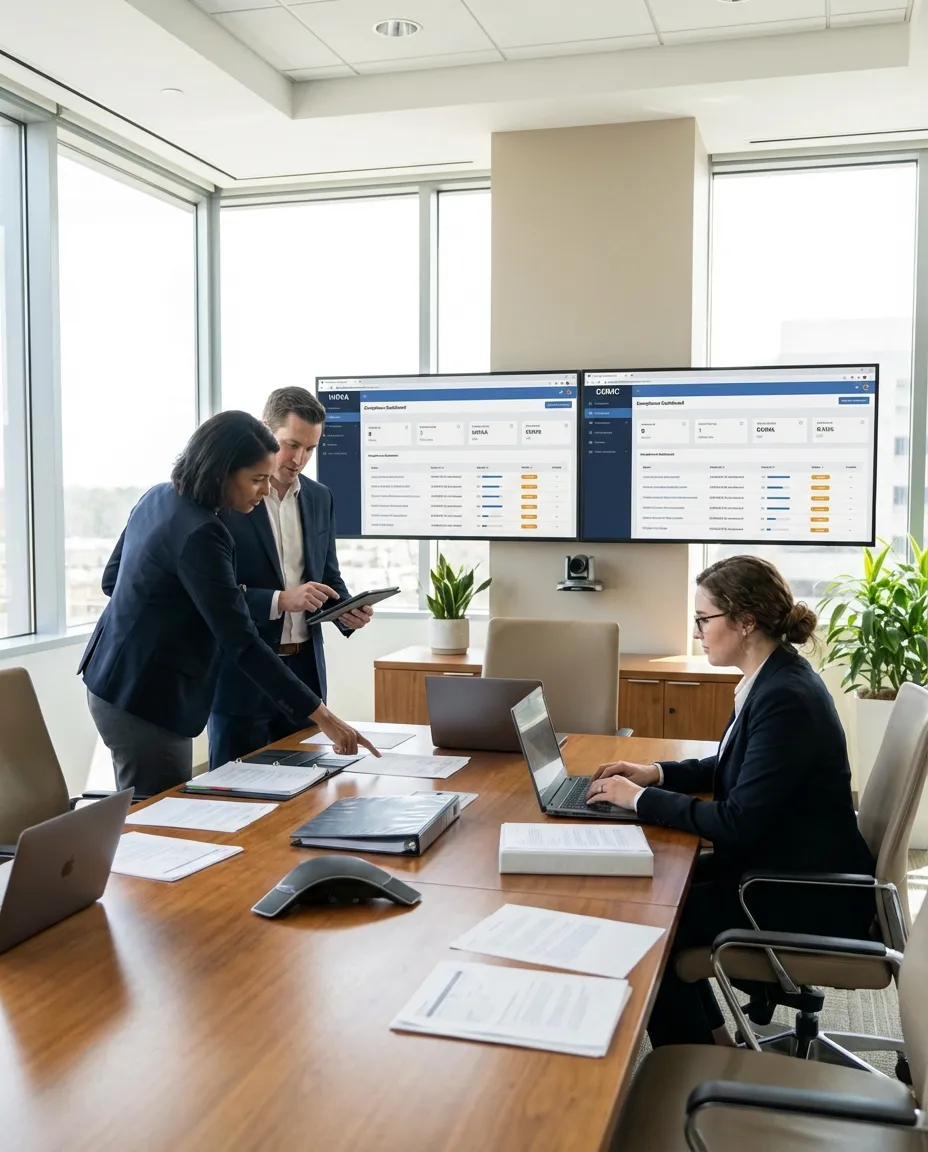 Compliance team reviewing regulatory documentation and audit reports in a professional meeting, HIPAA and CMMC frameworks visible on screens