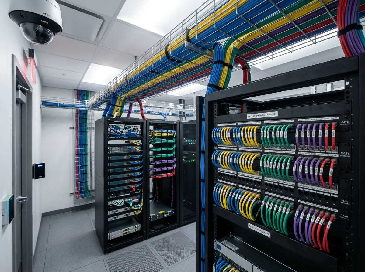 Professional structured cabling installation in a server room with neatly organized patch panels, security cameras, and access control hardware.