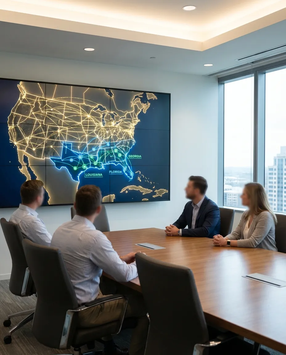 Map visualization showing BASG IT service coverage across Florida, Texas, Georgia, and Louisiana with nationwide remote support capabilities