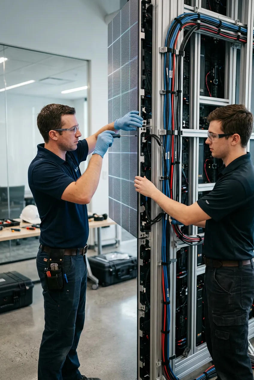 BASG technicians installing and calibrating a large-format LED display wall panel by panel, close-up showing precise alignment and clean cable management