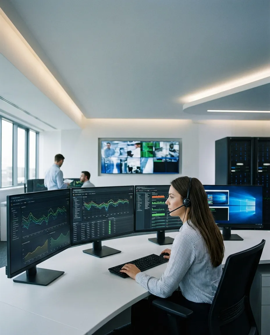 BASG IT engineer providing remote support from operations center, multiple monitors displaying network diagnostics and client systems
