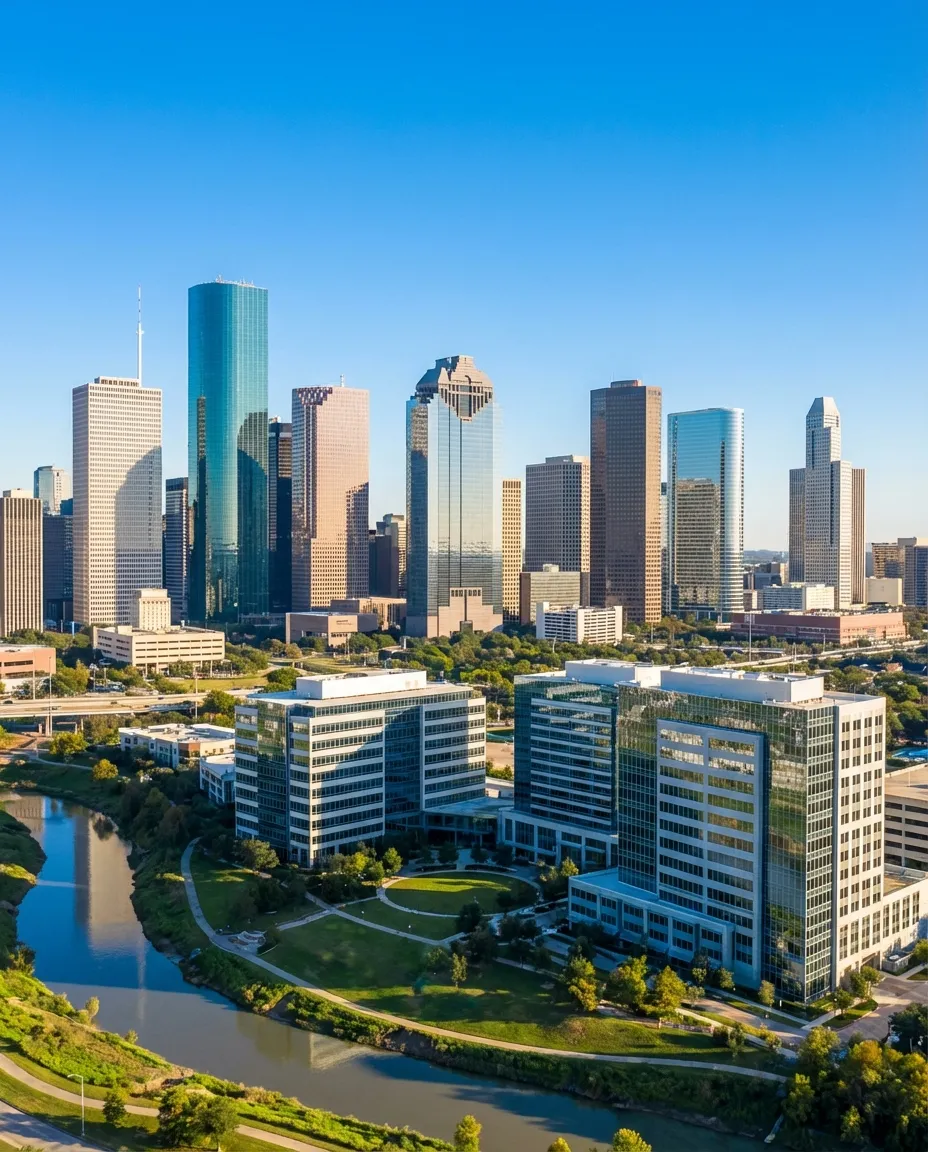Houston downtown skyline featuring modern glass office towers and the Energy Corridor district under a clear Texas sky