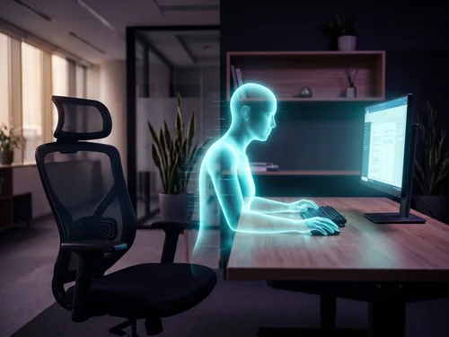 Concept image of an AI workforce — a human employee and an AI agent working side by side at a modern office workstation.