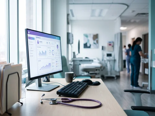 Modern medical practice with HIPAA-compliant IT infrastructure, clinical workstations, and secure healthcare technology systems.