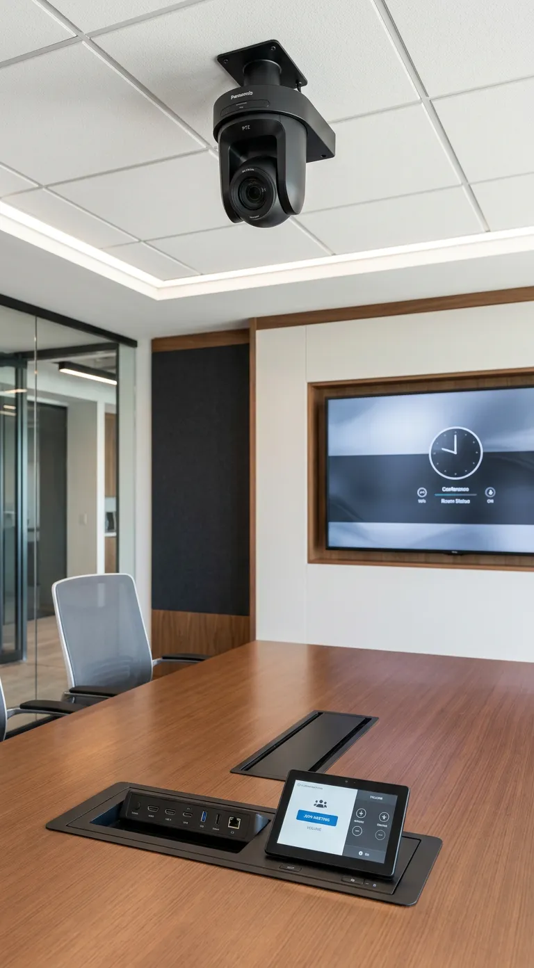 Close-up of a professionally installed conference room showing ceiling-mounted PTZ camera, recessed display, and clean cable-free table with flush-mount connectivity ports