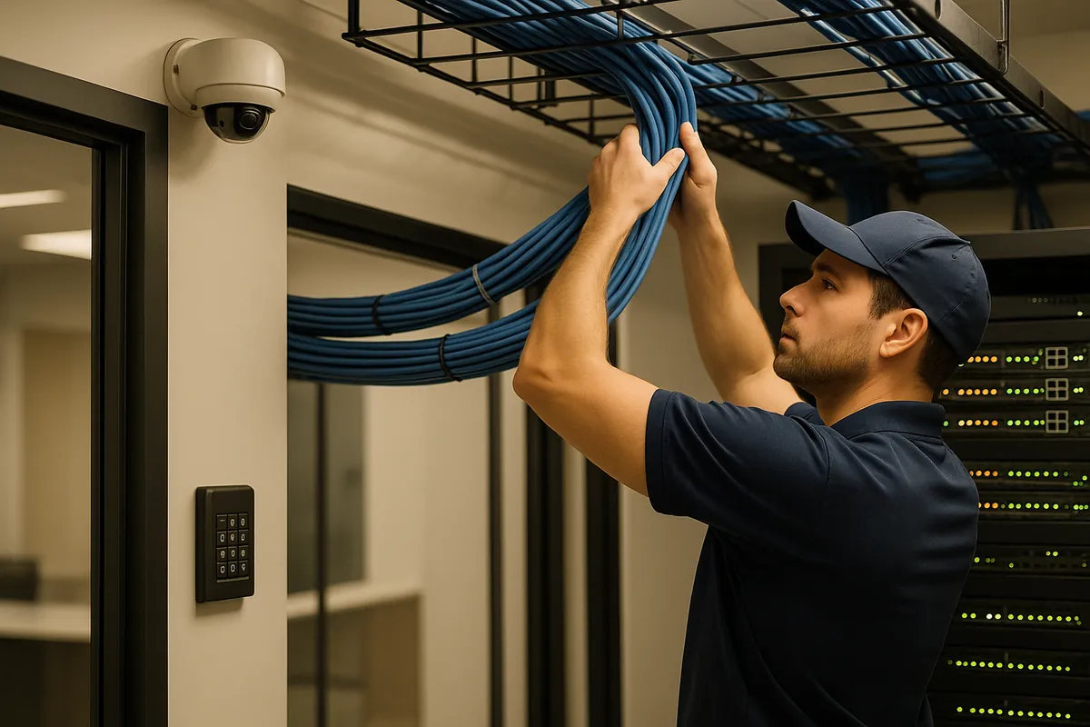 Professional low voltage installation with structured cabling and security cameras